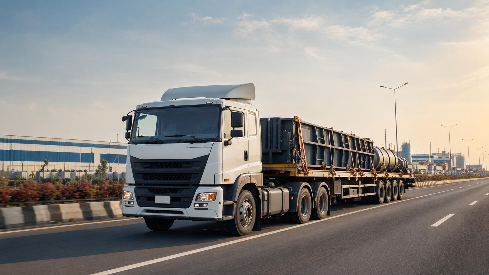 Long trailer truck carrying industrial cargo